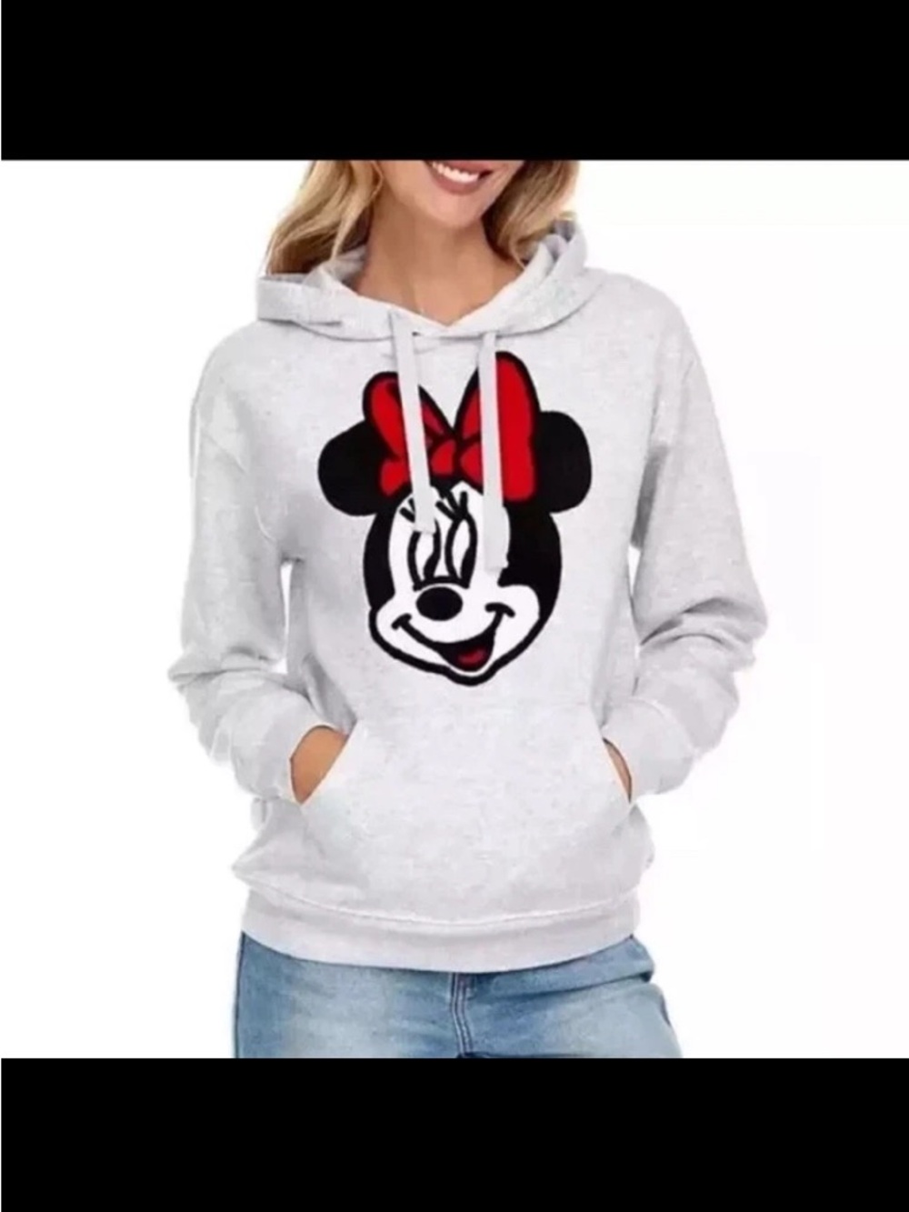 Disney Gray Hoodie Sweater with Minnie Mouse Graphic and Red Bow